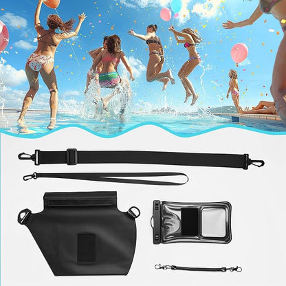 Waterproof Phone Pouch 8.3" & Fanny Pack, Waterproof Phone Case Detachable Lanyard Spring Rope for iPhone 16 15 14 13 Pro Max, IPX8 Cellphone Dry Bag Beach Cruise Ship Essentials Black