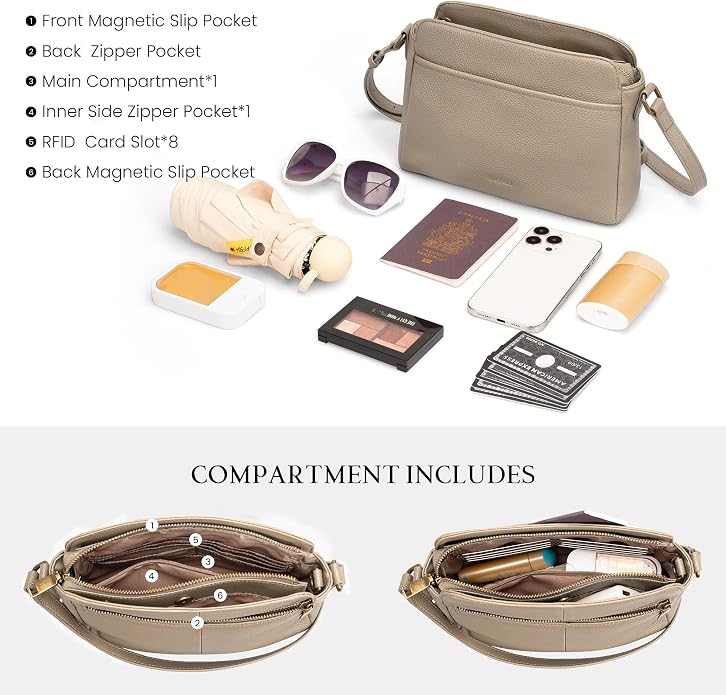 befen Anti-theft Crossbody Bag for Women Genuine Leather, Small Cross Body Shoulder Handbags with RFID Card Slots