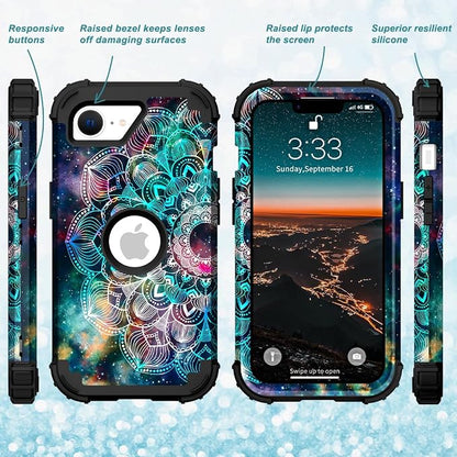 Hocase for iPhone 17e/iPhone 16e Case, Heavy Duty Shockproof Protection Hard Plastic+Silicone Rubber Hybrid Protective Phone Case for iPhone 17e/16e 6.1" - Mandala in Galaxy