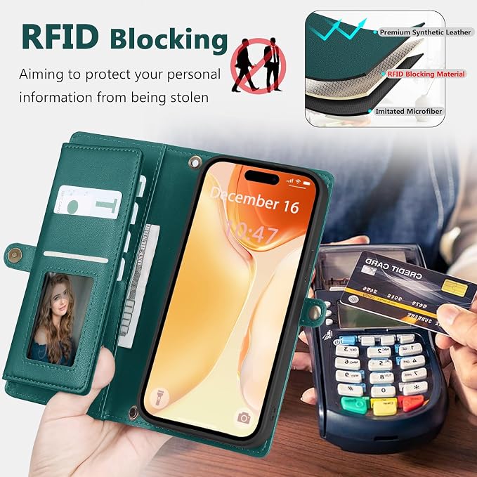 Wallet Case for iPhone 15 with Card Holder/Crossbody Wallet/Strap| RFID Blocking | Magnetic | Kickstand | Detachable | PU Leather Phone Case for iPhone 15,6.1 in,Green