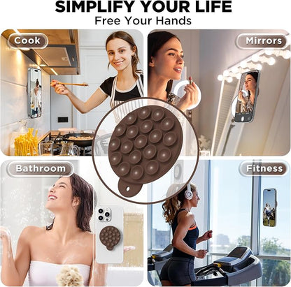 Magnetic Suction Cup Phone Mount with MagSafe, Silicone Hands-Free Grip Holder for iPhone Case and Android, Mirror Shower Phone Stand for Makeup FaceTime Gym Kitchen Bathroom, Chocolate