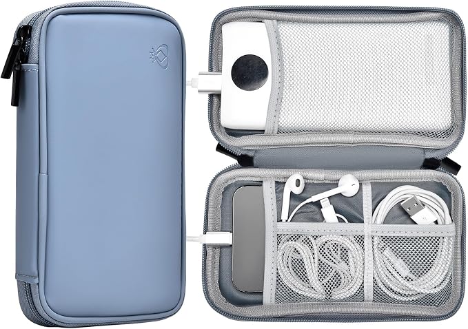 Portable Charger Organizer Travel Case Shockproof Power Bank Bag for Anker/Jackery/RAV/10000mAh Power Bank Leather Electronic Case for PowerCore(Gray&Blue, Single Layer-Small)