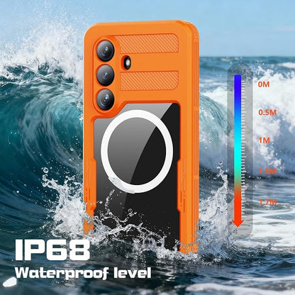 Omio Designed for Galaxy S26 Waterproof Case Compatible with MagSafe, Magnetic Waterproof Full Body IP68 Underwater Case Built-in Screen Protector Military Grade Shockproof Case for Men Women Orange