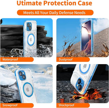 for iPhone 15 Waterproof Case Compatible with MagSafe, Translucent Slim IP68 Underwater Built-in Screen Protector, 12FT Military Grade, 360 Full Body Protective Cover 6.1 inch (Blue)