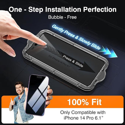 EZ-GLAZ- 4 Pack for iPhone 14 Pro Privacy Screen Protector[6.1"] With 2 Pack Camera Lens Protector, [Drop Protection] 9H Hardness Full Coverage Anti-Spy Tempered Glass Film, Easy to install
