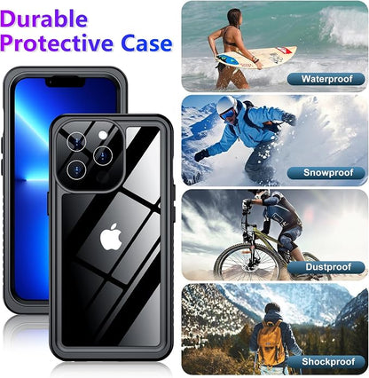 Temdan Compatible with iPhone 13 Pro Max Case Waterproof, Built-in Screen & Camera Protector IP68 Underwater Full Body 13FT Military Dropproof Shockproof Phone Case 6.7"-Black/Clear