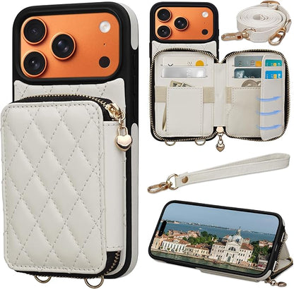 Keallce Case for iPhone 17 Pro Max 6.9'' Wallet Case, Crossbody Zipper Purse with RFID Blocking Card Slots Kickstand, Lanyard & Handstrap Flip Leather Cover for iPhone 17 Pro Max, Beige