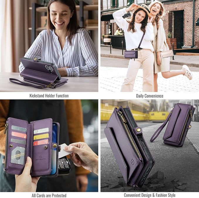 Strapurs Wallet Case Compatible with iPhone 17 6.3" RFID Blocking 9-Card Holder Soft PU Leather Magnetic Snap Shoulder Strap Zipper Pocket Phone Case Fit for iPhone 17 for Women - Purple