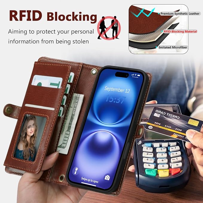 Wallet Case for iPhone 16 with Card Holder/Crossbody Wallet/Strap| RFID Blocking | Magnetic | Kickstand | Detachable | PU Leather Phone Case for iPhone 16,6.1 in,Brown
