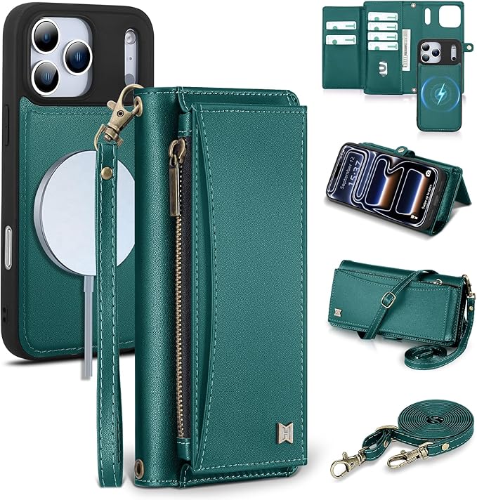Wallet Case for iPhone 17 Pro with Card Holder/Crossbody Wallet/Strap,[RFID Blocking][Magnetic] PU Leather Phone Case for iPhone 17 Pro,6.3 in,Green
