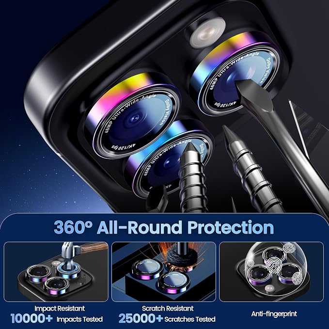 CACOE Camera Lens Protector for iPhone 17ProMax/17Pro/16ProMax/16Pro/15ProMax/15Pro/14ProMax/14Pro, [Anti-Scratch] [Drop-Proof][Strong-Adhesion] Camera Screen Cover(Colorful)
