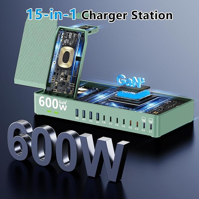 600w Charging Station for Multiple Devices, 15 in 1 Wireless Charger with 2pack 100w USB C Charger Cable, Dual 100w USB C Tablet Charging Station for MacBook,iPhone,iPad,Tablet(Green)
