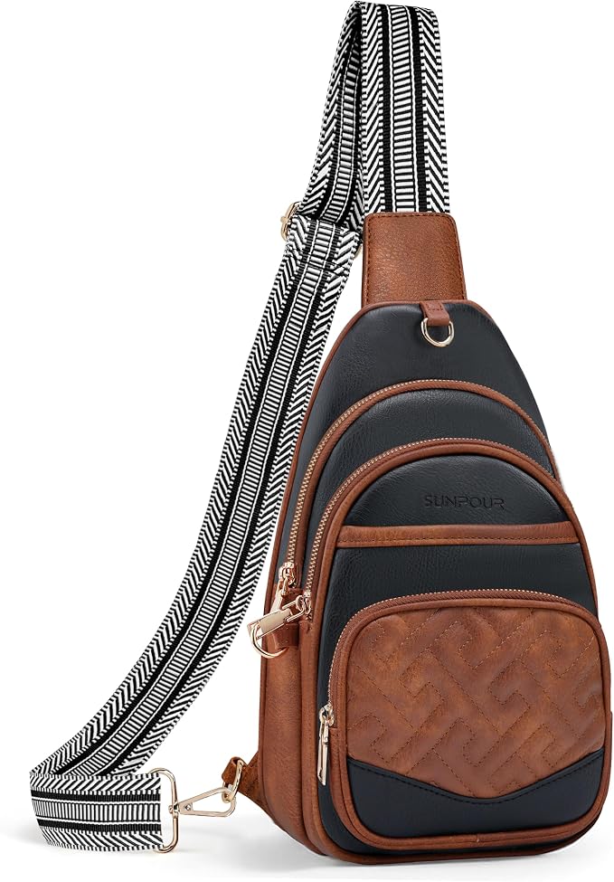 Anti Theft Crossbody Bags for Women, RFID Vegan Leather Sling Purse for Travel, Chest Bag, Cross Body Purses & Fanny Packs(Brown＆Black) | Multi-Pocket, 8 RFID Card Slots, Structured bag, Quilted Design