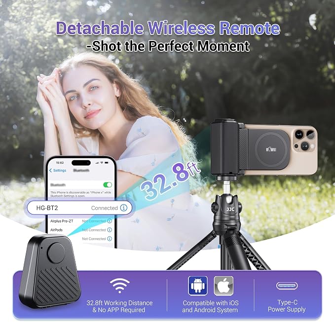 KIWIFOTOS Magnetic Phone Camera Grip for iPhone 17 Magsafe Handle with Bluetooth Remote & Tripod Mount Adapter for iPhone 16 15 Pro Max Samsung Smartphone Vlog Video Shooting