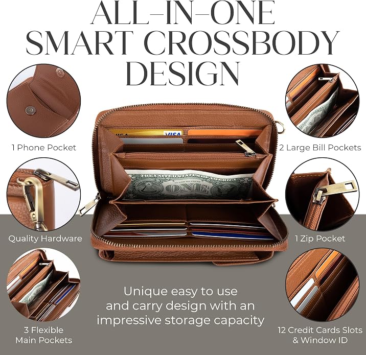 BULL GUARD Crossbody Leather Wallet Phone Purse, Anti Theft and RFID Blocking, Elegant Design for Travel