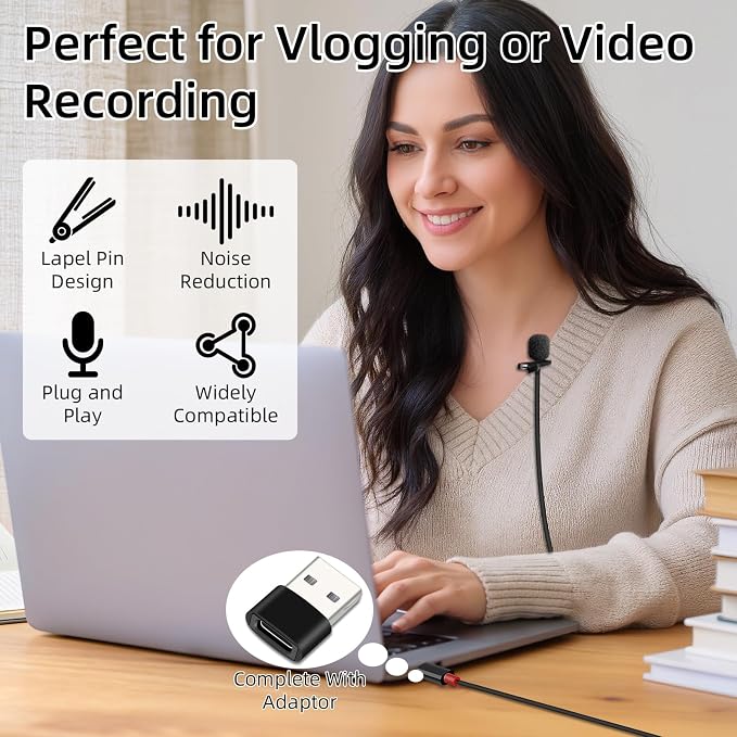 GELRHONR USB C Lavalier Microphone, Type-C Lapel Microphone Wired with USB A Adapter, 48kHz/24bit, Compatible with PC,Laptop, Phone for Video Recording, Live Streaming and More, 4.9FT