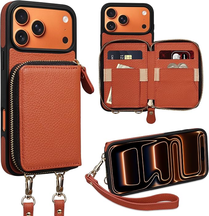 Keallce Wallet Case for iPhone 17 Pro Max 6.9 Inch, Genuine Leather Zipper Purse with Crossbody Strap, 4 Card Slots & RFID Blocking, Kickstand Flip Cover Shockproof for Women, Orange