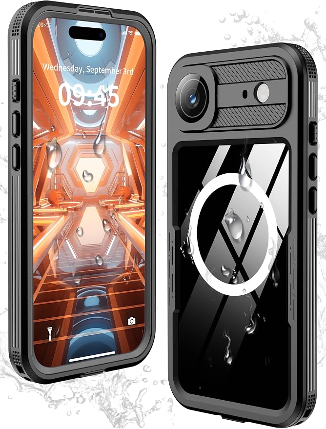 GOLDJU Magnetic for iPhone Air Case-Waterproof, Built-in Screen & Camera Protector-IP68 Underwater Full Body 16FT Military Dropproof Shockproof Case for iPhone 17 Air 6.5''- Black