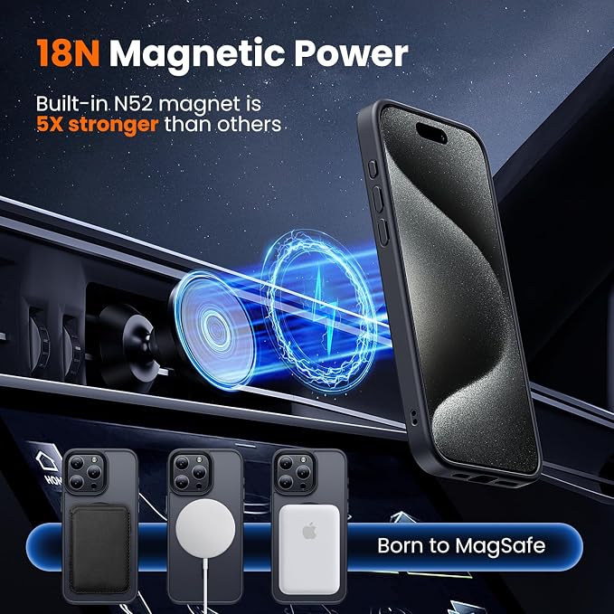 3 in 1 for iPhone 15 Pro Case with MagSafe, Screen Protector*1 Camera Lens Protector*1,Skin Feeling Back Cover Military-Grade Protection for iPhone 15 Pro Phone Case 6.1 inch Matte Black