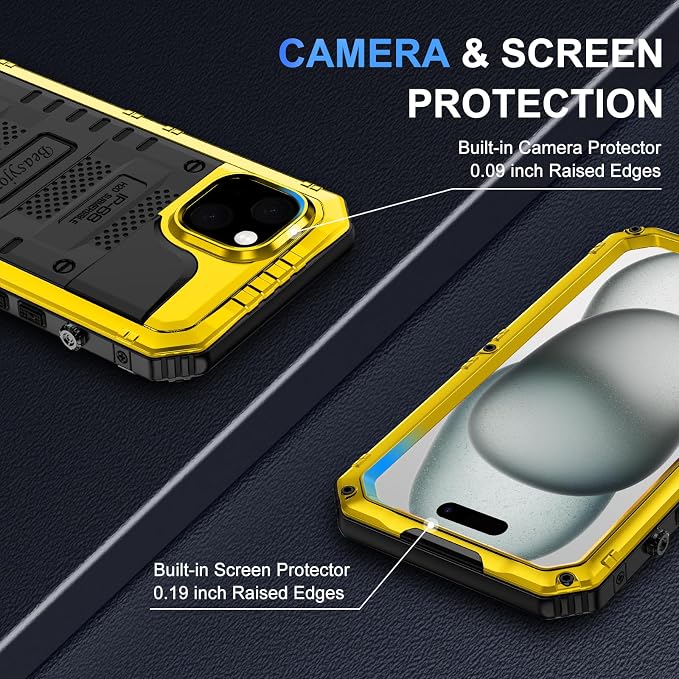 Beasyjoy for iPhone 15 Plus Case Waterproof, Metal Heavy Duty Full Body Protective Case with Built in Screen Protector, Military Grade Shockproof Defender Case for iPhone 15 Plus 6.7", Yellow
