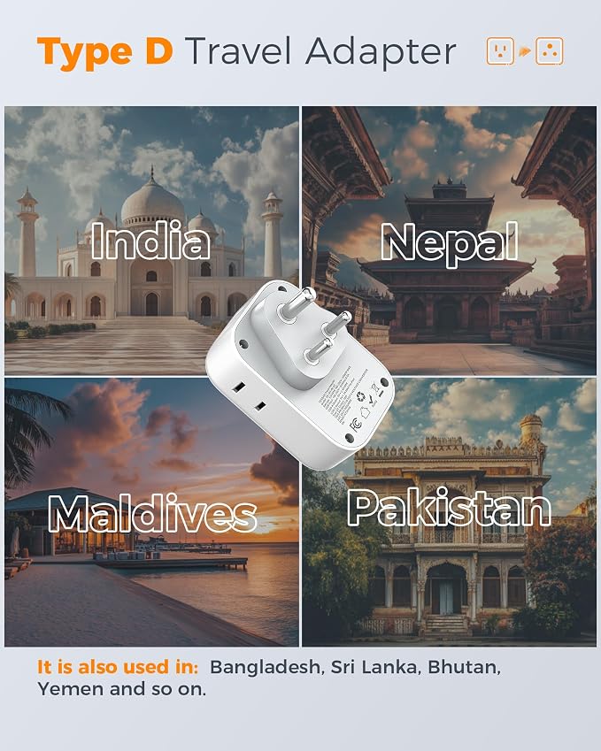 TESSAN Type D Travel Adapter 2 Pack US to India Plug Adapter | 4 Outlets 3 USB (2 USB-C), For India Nepal Maldives Pakistan Bangladesh Sri Lanka Bhutan Yemen