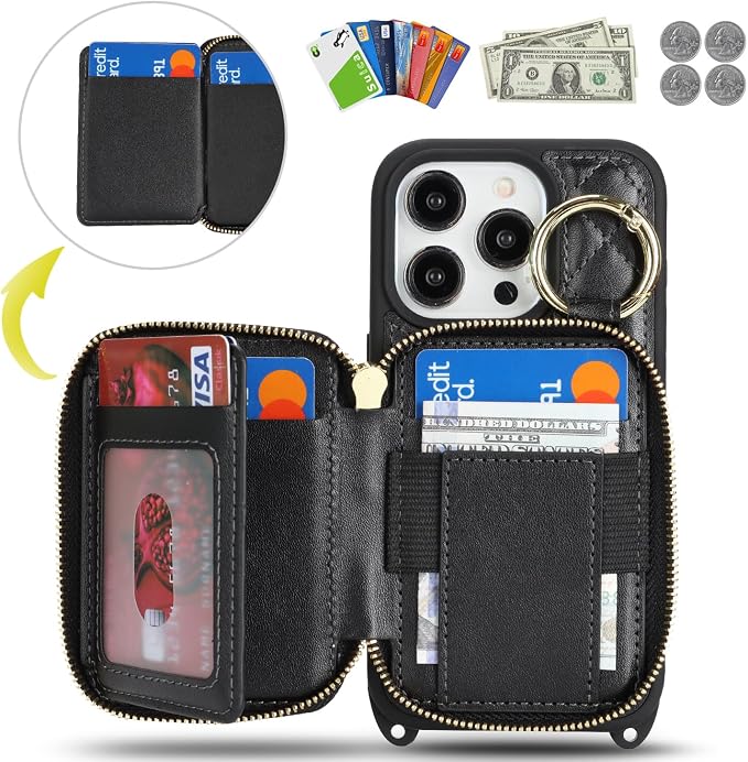 Crossbody Wallet Case for iPhone 14 Pro, PU Leather Zipper Handbag Purse Flip Cover, Kickstand Folio Case with Card Slots Holder Wrist Strap Lanyard 5G 6.1 Inch-Black