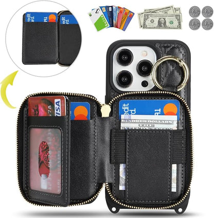 Crossbody Wallet Case for iPhone 14 Pro, PU Leather Zipper Handbag Purse Flip Cover, Kickstand Folio Case with Card Slots Holder Wrist Strap Lanyard 5G 6.1 Inch-Black