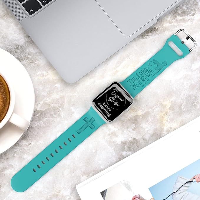 The LORD is my Shepherd Watch Band compatible with Apple Watch Laser Engraved iWatch Band Silicone 38mm 40mm 41mm 42mm 44mm 45mm 49mm Strap Jesus Psalm Christian God (38/40/41mm M/L, Lake Blue)