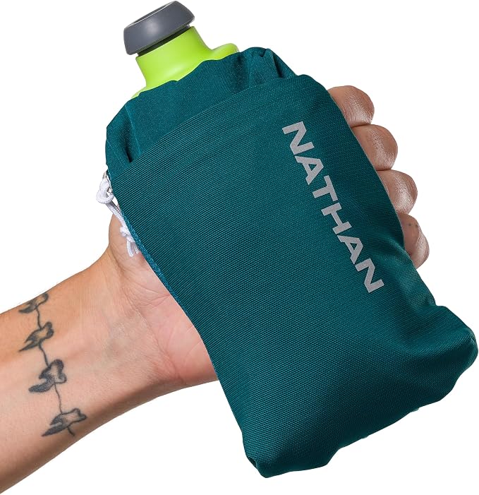 Nathan SpeedDraw 2 Insulated Handheld Running Water Bottle Flask – Double-Wall Insulation, Ergonomic Grip, Blast Valve Cap, Phone & Key Storage Pockets, Reflective Design - 12oz, Deep Teal