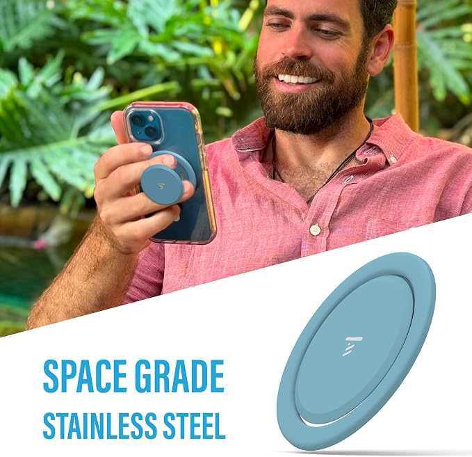 Tango Ultra Thin Grip for MagSafe: One Hand Open, Stand, 10x Expandable, Space Grade Steel, Removable for Wireless Charging. Half The Thickness, Twice The Fidget - Grey Blue