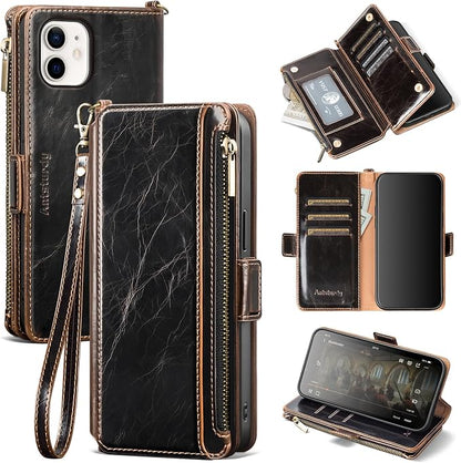 Antsturdy Compatible with iPhone 12 mini Wallet Case,RFID Blocking PU Leather Phone Case Women Men Kickstand Flip Cover Wrist Strap Zipper Credit Card Holder Slots,for Apple 12 mini,Coffee