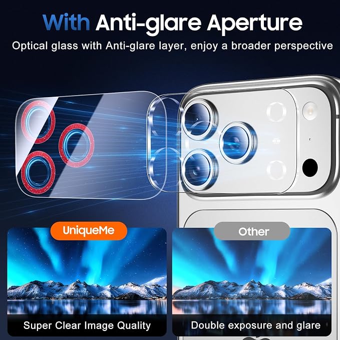 UniqueMe Compatible for 3 Pack iPhone 17 Pro Max Camera Lens Protector - [Drop Protection] [Case Friendly] 9H Tempered Glass Camera Cover Screen [Update New Version] - Glitter Red