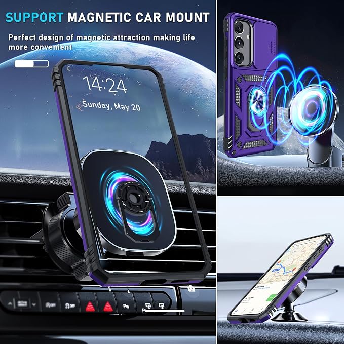 Janmitta Compatible with Samsung Galaxy S25 Plus/S24 Plus Case Built in Slide Camera Lens Cover+Screen Protector+Finger Ring Holder Kickstand,Heavy Duty Shockproof Full Body Phone Cover,Purple