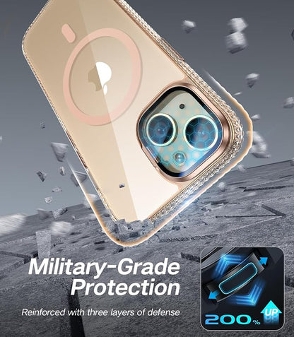 [Upgraded] for iPhone 15 Case with Camera Cover Stand [Fit for MagSafe][9H Camera Lens Protector] Mil-Grade Protection Transparent Magnetic iPhone 15 Phone Case, Clear Gold