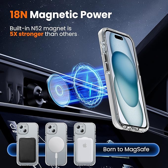 3 in 1 for iPhone 15 Case Clear with MagSafe, Yellowing-Resistant Acrylic Back, Shockproof Guard Corners, Military-Grade Protection for iPhone 15 Phone Case 6.1 inch Clear Bumper