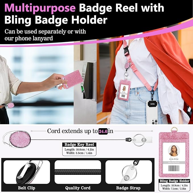 Azrra Adjustable Crossbody Cell Phone Lanyard for iPhone with Phone Tethers & Retractable ID Badge Card Holder (Pink)
