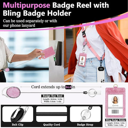 Azrra Adjustable Crossbody Cell Phone Lanyard for iPhone with Phone Tethers & Retractable ID Badge Card Holder (Pink)
