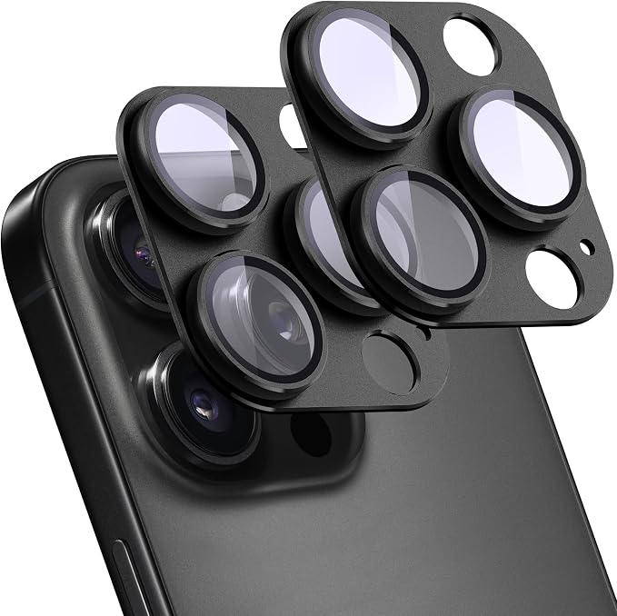 2 Pack Camera Lens Protector for iPhone 15 Pro/15 Pro Max,[Not Easy to Breakn ] AR Tempered Glass Strong Adsorption Metal Camera Cover Screen-Black