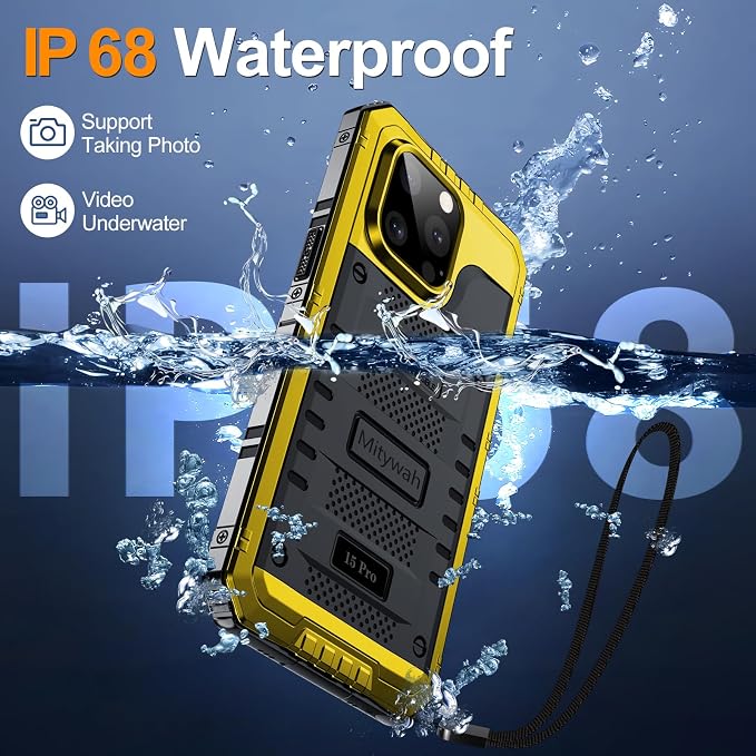 Mitywah Waterproof Case for iPhone 15 Pro, Heavy Duty Shockproof Case with Built-in Screen Protector, Full Body Underwater Protective Metal Case 6.1 inch, Yellow