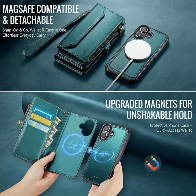Strapurs for iPhone 17 Detachable Wallet Case Compatible with Magsafe for Women, RFID Blocking 9-Card Holder Zipper Wrist Strap Lanyard PU Leather Magnetic Phone Case for iPhone 17 6.3", Blue Green