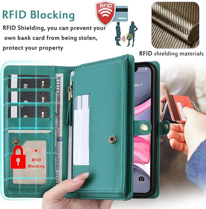 for Wallet Case Compatible with iPhone 11,Multi-Function Detachable 2 in 1 Magnetic iPhone 11 Wallet,Flip Strap Zipper Card Holder Phone Case with Shoulder Straps (Green)