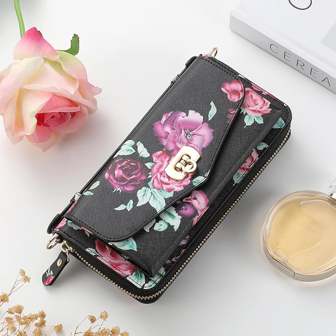 LITOU Compatible for Samsung Galaxy S26 Ultra Crossbody Phone Case,Detachable Magnetic,Card Holder,Zipper Leather Wallet Wrist Lanyard Strap Case for Women Men.BlackFlower