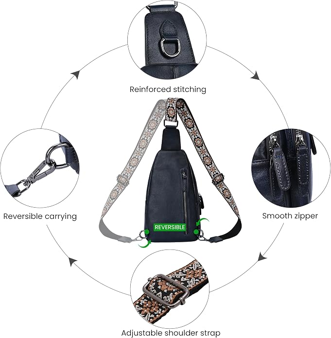 HESHE Leather Sling Bag for Women Crossbody Bags with Multi-Pocket Stylish Fanny Packs for Travel Chest Bag