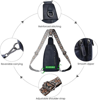 HESHE Leather Sling Bag for Women Crossbody Bags with Multi-Pocket Stylish Fanny Packs for Travel Chest Bag