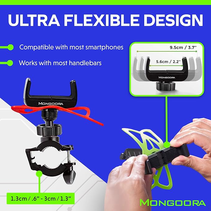 Bike & Motorcycle Phone Mount - GPS Cell Phone Holder for Bicycle Handlebar - Easy to Install Bike Accessories Fits iPhone, Galaxy, Android - Stocking Stuffers - 3 Bands (Black, Red, Green)