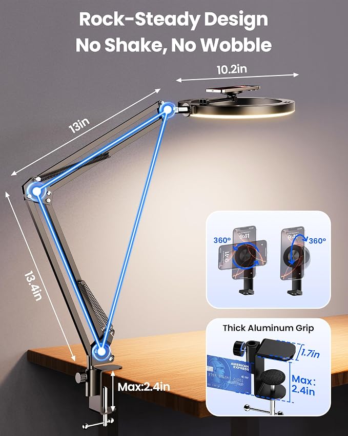 Magnetic Ring Light Overhead Camera Phone Mount for Desk, 10” Selfie Light for iPhone with MagSafe-Compatible Phone Holder for Video Recording, Zoom Meeting, Live Streaming