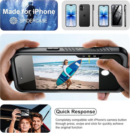 SPIDERCASE for iPhone 17 Case Waterproof, Built-in Lens & Screen Protector, Full Heavy Duty Protection, 12FT Military Shockproof, Dustproof, Anti-Scratched Phone Case,Black/Clear