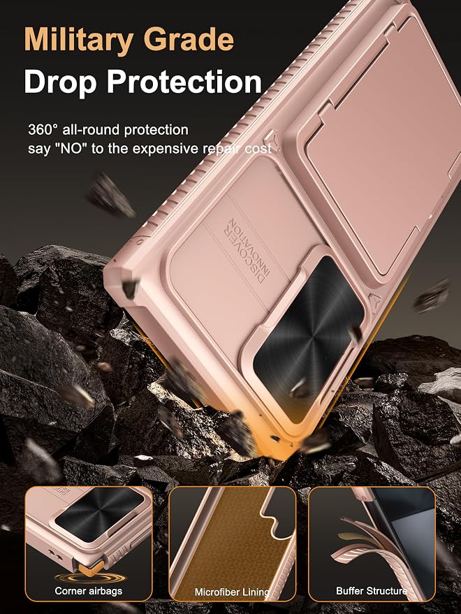 Vihibii for Samsung Galaxy S23 Ultra Case with Card Holder (4 Cards), Slide Camera Cover & Stand, Raised Edges Protect Screen & Military Grade Drop Protection Case for Galaxy S23 Ultra 5G 6.8", Gold