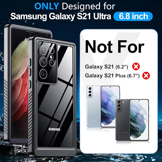 MOZOTER for Samsung Galaxy S21 Ultra Case Waterproof,[IPX8 Underwater Case][Full Body Shockproof & Military Dropproof]Clear Sound Quality Built-in Screen Protector for Samsung S21 Ultra 6.8 inch-Black