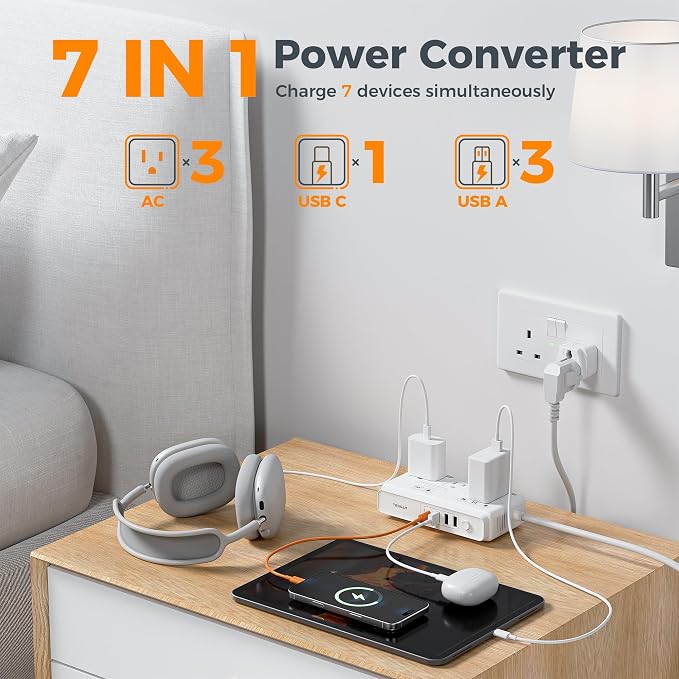 TESSAN Voltage Converter US to Europe, 220 to 110 | 4 USB Ports (1 USB C), 3 AC Outlets, EU UK AU IT IN ZA Plug Adapter, Step Down Transformer, 6 FT Cord